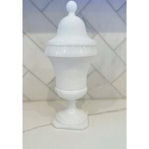 Vintage White Milk Glass Lidded Pedestal Jar Candy Dish Apothecary Decor